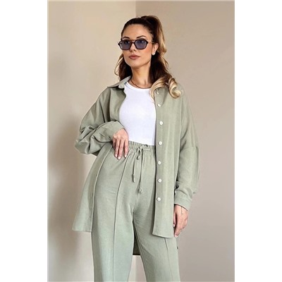 Ritnice Kadın Keten Dokulu Carla Çağla Yeşili Oversize Gömlek 1219