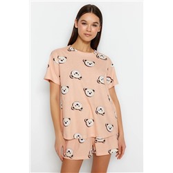 TRENDYOLMİLLA Somon %100 Pamuk Ayıcık Baskılı T-shirt-Şort Örme Pijama Takımı THMSS23PT00005