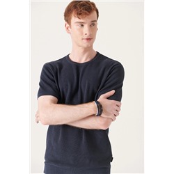 Avva, Erkek Lacivert Soft Touch Modal Bisiklet Yaka Dokulu Ribanalı Triko T-shirt B005010