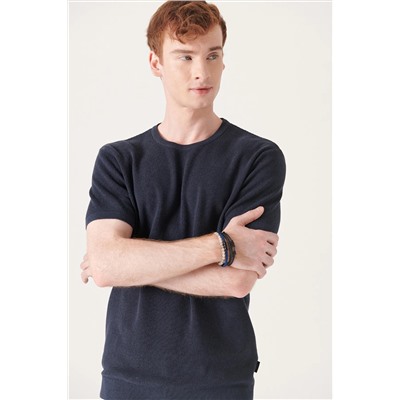 Avva, Erkek Lacivert Soft Touch Modal Bisiklet Yaka Dokulu Ribanalı Triko T-shirt B005010