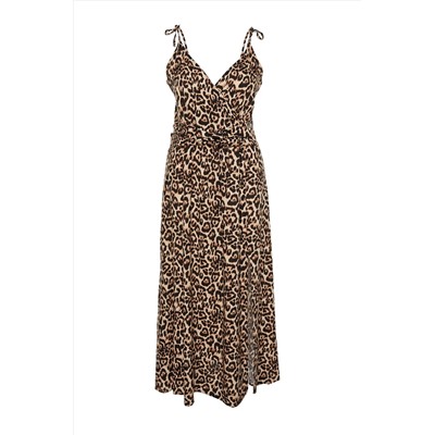 Camel Maxi/Uzun Boy Yırtmaçlı Yazlık Leopar Desenli Dokuma Elbise TBBSS24AH00136