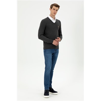 Erkek Slim Fit V Yaka Antrasit Basic Kazak
