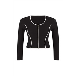 Teen Siyah Kontrast Biye Detaylı Fitted/Vücuda Oturan Fermuarlı Yaka Esnek Örme Bluz TBBAW26AF00041