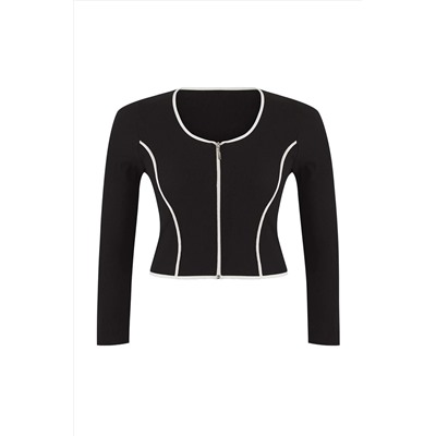 Teen Siyah Kontrast Biye Detaylı Fitted/Vücuda Oturan Fermuarlı Yaka Esnek Örme Bluz TBBAW26AF00041