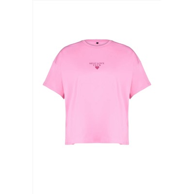 Pembe Baskılı Oversize %100 Pamuk Örme T-shirt TBBSS24BF00011