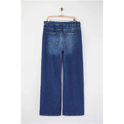 Koyu Mavi Yüksek Bel Geniş Paça Wide Leg Büyük Beden Jeans TBBAW26CJ00041