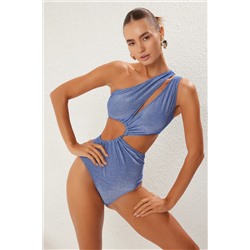 TRENDYOLMİLLA Saks Tek Omuz Cut Out/Pencereli Simli Regular Core Mayokini TBESS25MY00004