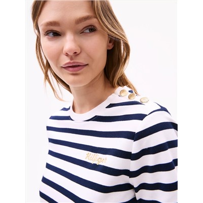Gold Button Stripe Crewneck T-Shirt