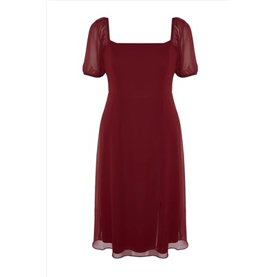 Bordo Dokuma Yırtmaçlı Elbise TBBSS22AH0012