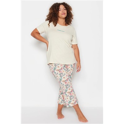 Trendyol Curve Ekru Çiçekli Kısa Kollu Örme Pijama Takımı TBBSS23AI00009