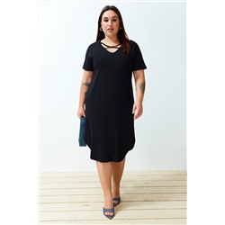Siyah Çarpraz İp Detaylı Midi %100 Pamuk Örme Elbise TBBSS24AH00165