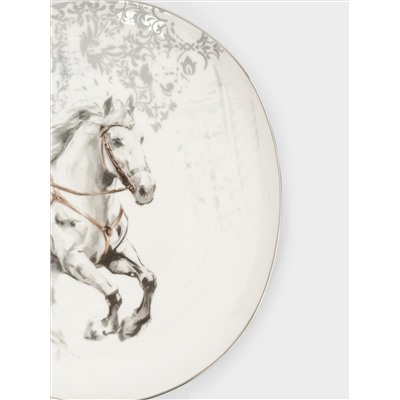 Тарелка закусочная, 21 см, фарфор N, белая, с серебристым кантом, Конь, White horse