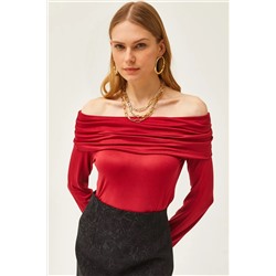 Olalook, Kadın Bordo Madonna Yaka Örme Viskon Bluz BLZ-19002487