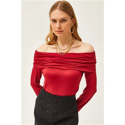 Olalook, Kadın Bordo Madonna Yaka Örme Viskon Bluz BLZ-19002487