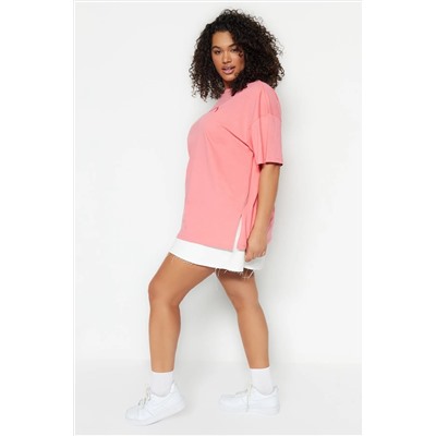 Pembe Geniş Kalıp Baskılı Bisiklet Yaka %100 Pamuk Örme T-shirt TBBSS23BF00015