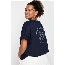 Lacivert %100 Pamuk Sırt Baskılı Rahat Kesim Bisiklet Yaka Örme T-Shirt TBBSS24BF00025