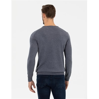 Gri Melanj Slim Fit Bisiklet Yaka Basic Triko Kazak