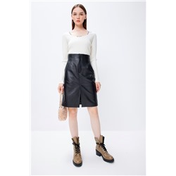 Falda de piel de talle alto Negro