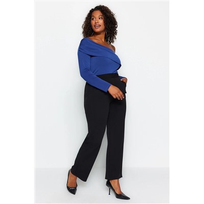 Siyah Straight Fit Yüksek Bel Krep Örme Büyük Beden Pantolon TBBAW24AR00008