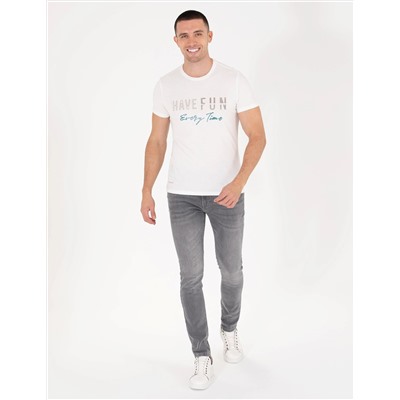 Ekru Slim Fit Baskılı Bisiklet Yaka Tişört