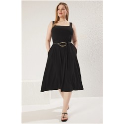 Trendyol Curve Siyah Kare Yaka A-line Örme Büyük Beden Elbise TBBSS25AH00063