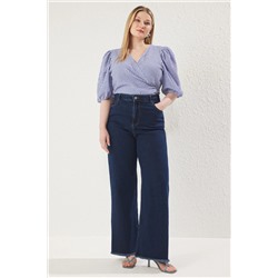 Trendyol Curve Koyu Mavi Yüksek Bel Pis Uç Detaylı Geniş Paça Comfort Büyük Beden Wide Leg Jeans TBBSS23CJ00009