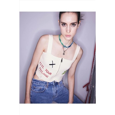 TwistSlogan nakışlı crop triko