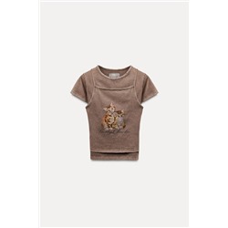 FADED EFFECT DOUBLE LAYER PRINTED T-SHIRT