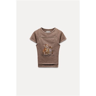 FADED EFFECT DOUBLE LAYER PRINTED T-SHIRT