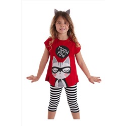 MSHB&G, Kırmızı Meow Pow Çizgili Kız Çocuk Yazlık T-shirt Tayt Takım