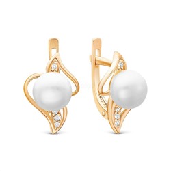 Серьги из золочёного серебра с культивированным жемчугом и фианитами см046з-жемчуг