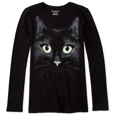 Girls Halloween Glow Cat Graphic Tee