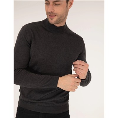 Antrasit Melanj Slim Fit Yarım Balıkçı Basic Triko Kazak