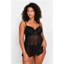 Trendyol Curve Siyah Yüksek Bel Balenli Babydoll&Tanga Takım TBBSS24DH00001