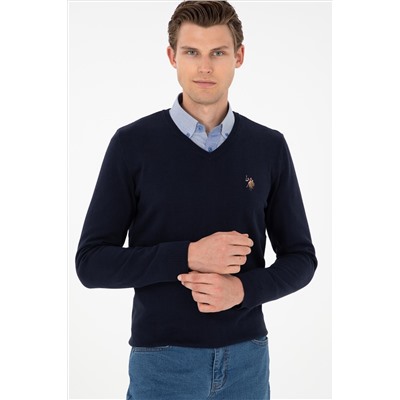 Erkek Slim Fit V Yaka Lacivert Basic Kazak