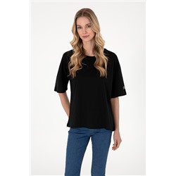 Kadın Siyah Oversize Bisiklet Yaka Tişört