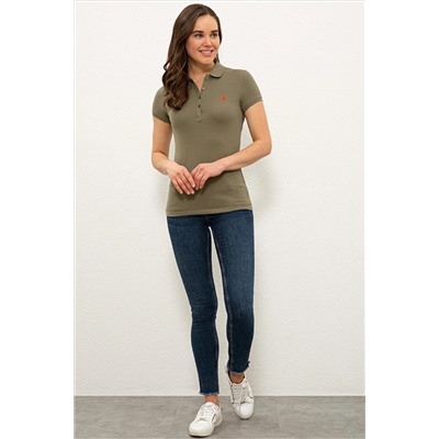 Kadın Haki Basic Polo Yaka Tişört