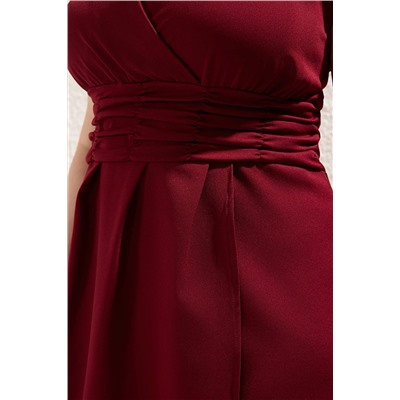 Bordo Dokuma Beli Büzgülü Elbise TBBSS22AH0247
