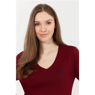 Kadın Bordo V - Yaka Basic Kazak