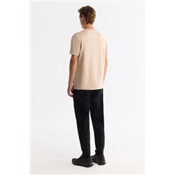 Bej Bisiklet Yaka Baskılı Elastan T-Shirt