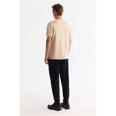 Bej Bisiklet Yaka Baskılı Elastan T-Shirt
