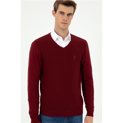 Erkek Slim Fit V Yaka Bordo Basic Kazak