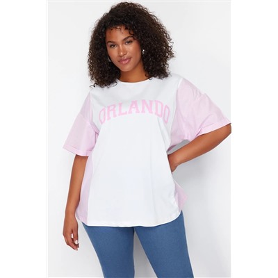 Pembe Çizgili Baskılı Oversize %100 Pamuk Örme T-shirt TBBSS24BF00017
