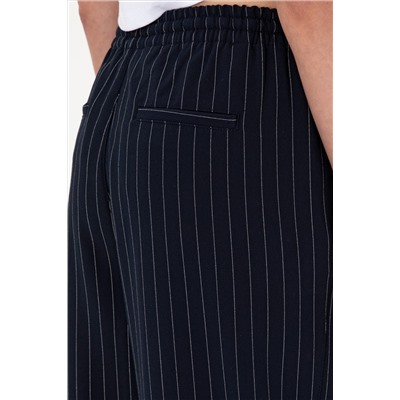 Kadın Lacivert Çizgili Loose Relax Fit Kanvas Pantolon