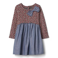 Print mix-fabric bow dress