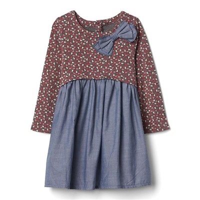 Print mix-fabric bow dress