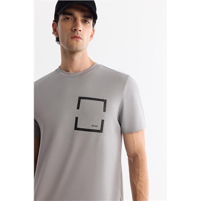 Gri Bisiklet Yaka Baskılı Elastan T-Shirt
