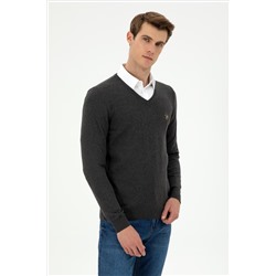 Erkek Slim Fit V Yaka Antrasit Basic Kazak