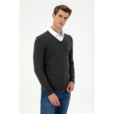 Erkek Slim Fit V Yaka Antrasit Basic Kazak