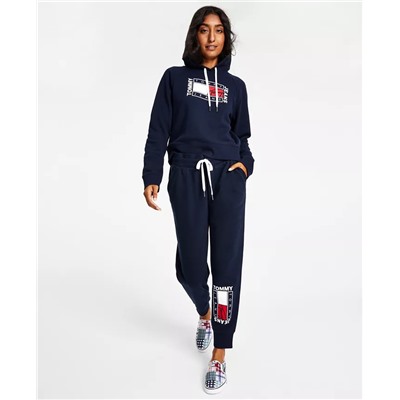 TOMMY JEANS Women's Fleece Flag-Logo Graphic Drawstring Jogger Pants